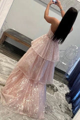 Pink Long Prom Dress with Ruffles in a One-Shoulder A-Line Design