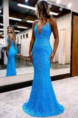 Long Blue Prom Dress with Mermaid Spaghetti Straps and Appliques