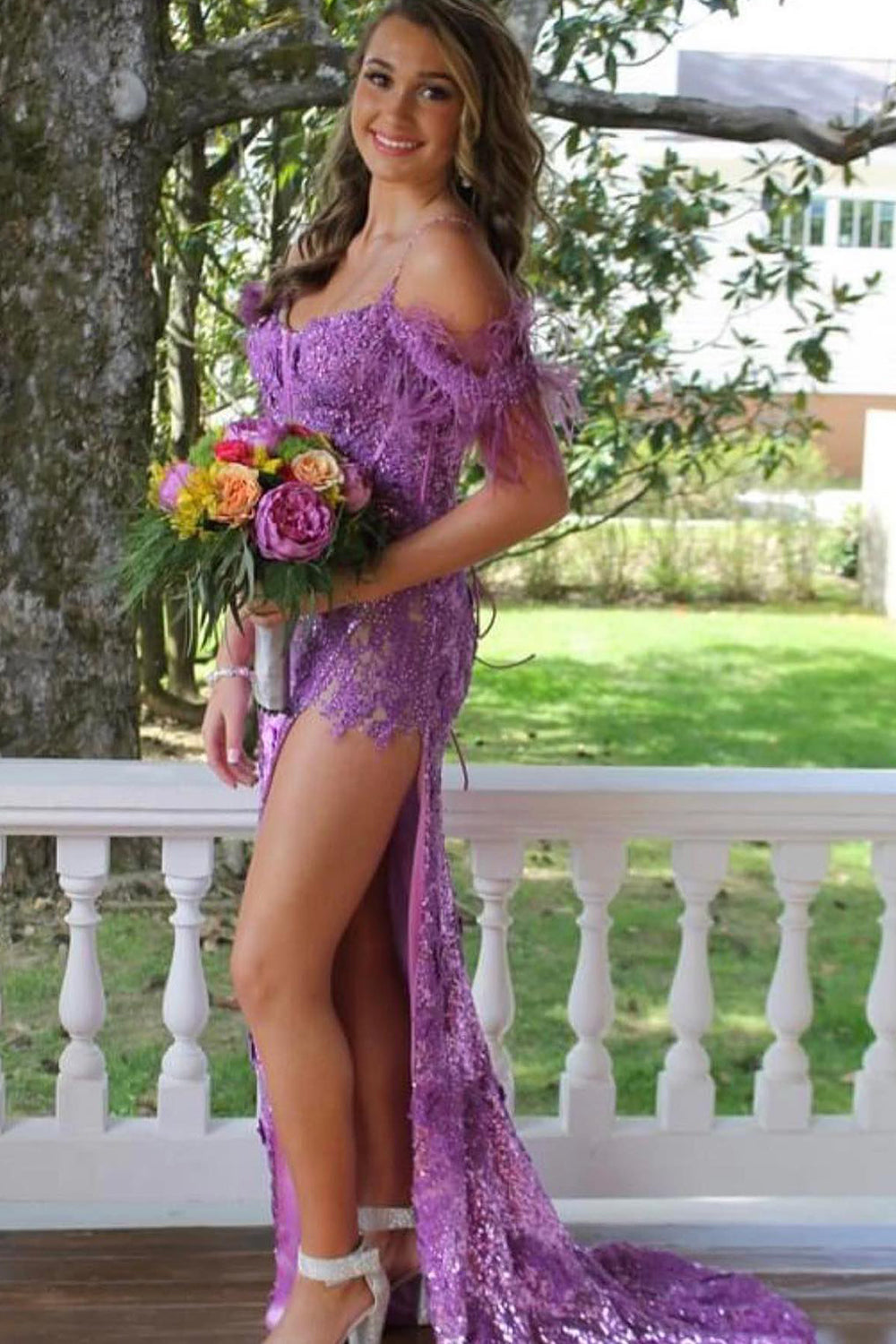 Blue Sequined Long Prom Dress with Feathers and Off-the-Shoulder Sheath