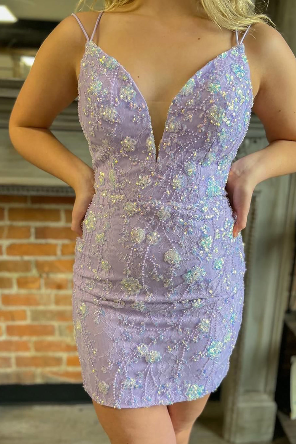 Sparkly Purple Beaded Lace-Up Back Tight Short Homecoming Dress/Mini Dress