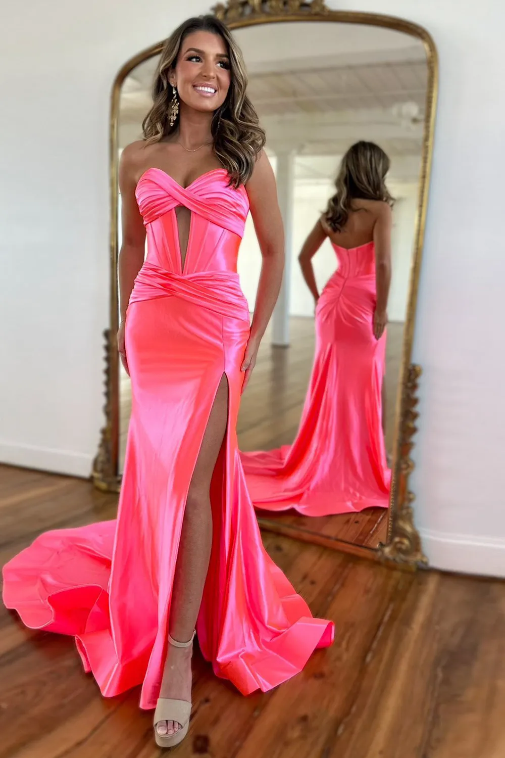 Long Sweetheart Purple Satin Mermaid Prom Dress with Corset and Split