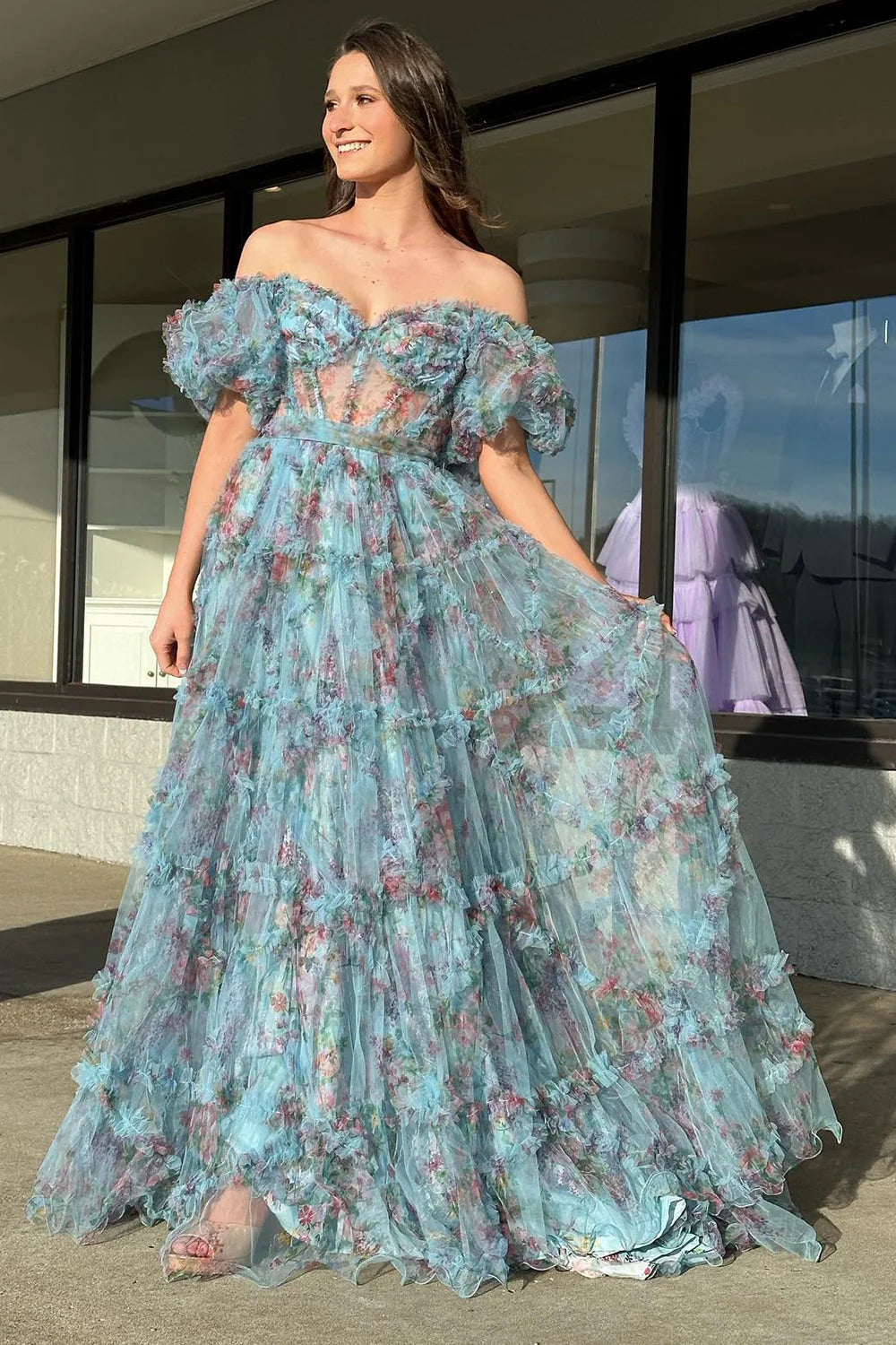 Elegant Off-the-Shoulder Pink Floral Corset Prom Dress with A-Line Silhouette and Sweep Train