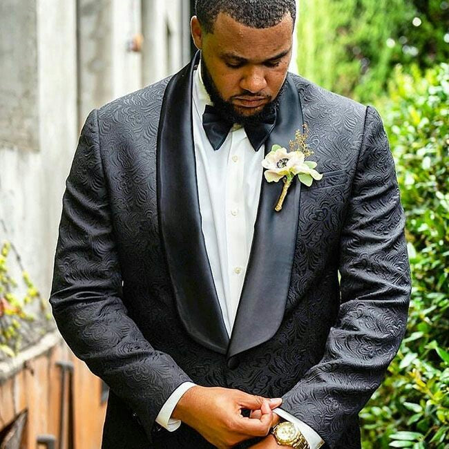 Luxury Black Shawl Lapel Jacquard Wedding Suit for Men