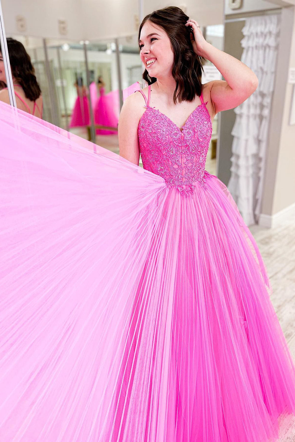 A-line Prom Dress in Hot Pink with Ruffles and Lace-Up Detail