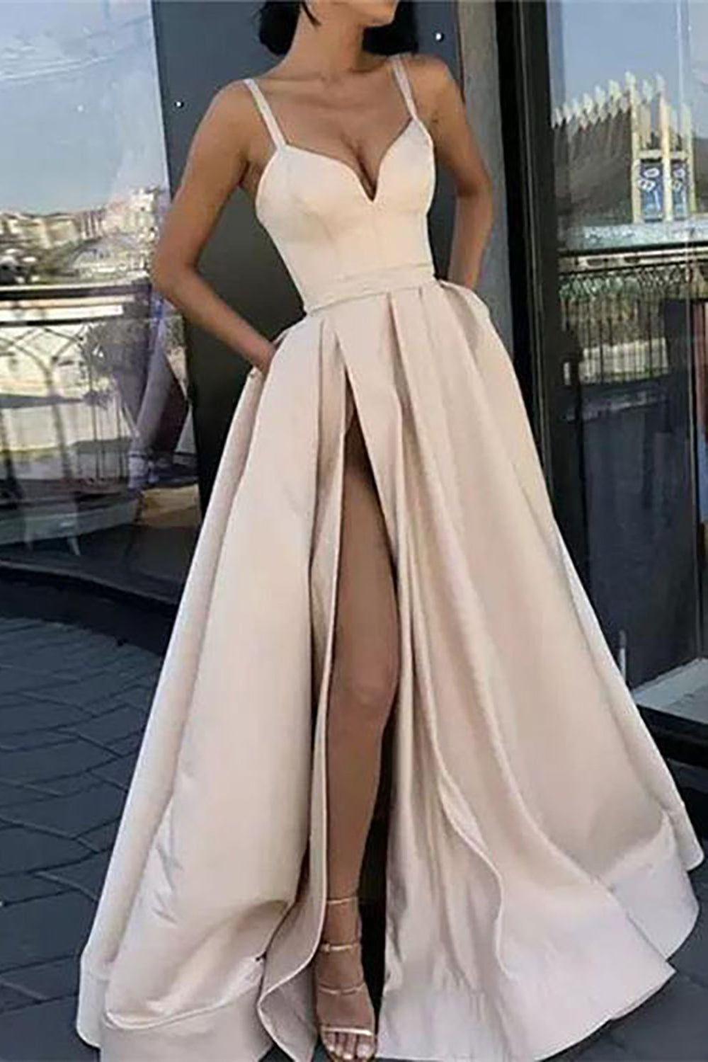 Black Long A-Line Prom Dress with Spaghetti Straps and Slit