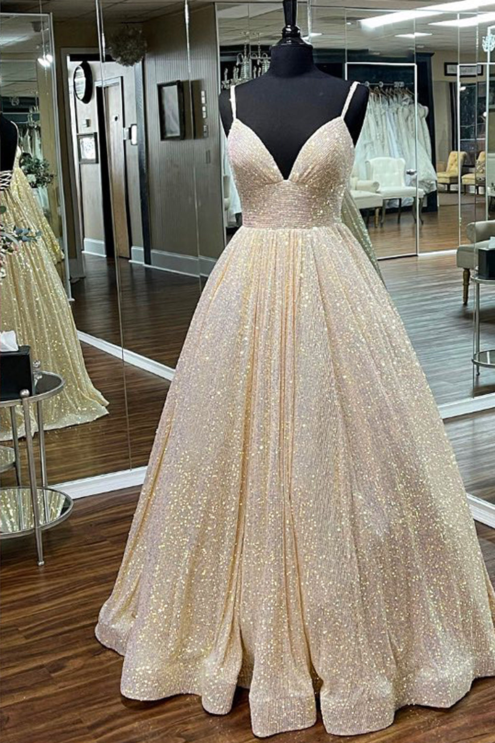 Long A-Line Prom Dress with Fuchsia Sequins and Spaghetti Straps