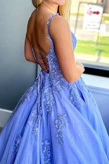 Elegant Blue A-Line Prom Dress with Spaghetti Straps and Appliques