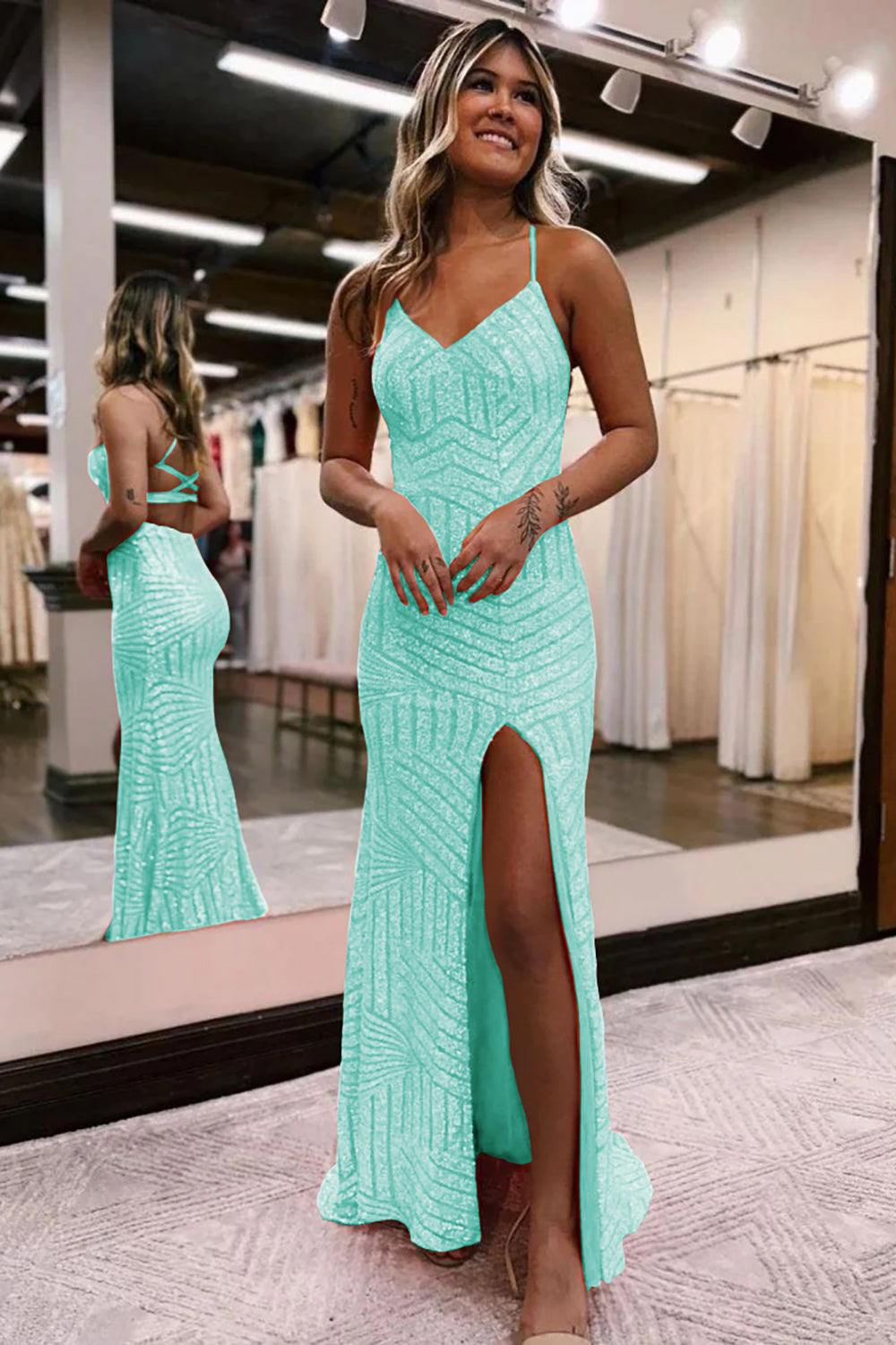 Long Orange Sequined Prom Dress with Criss Cross Back and Sheath Spaghetti Straps