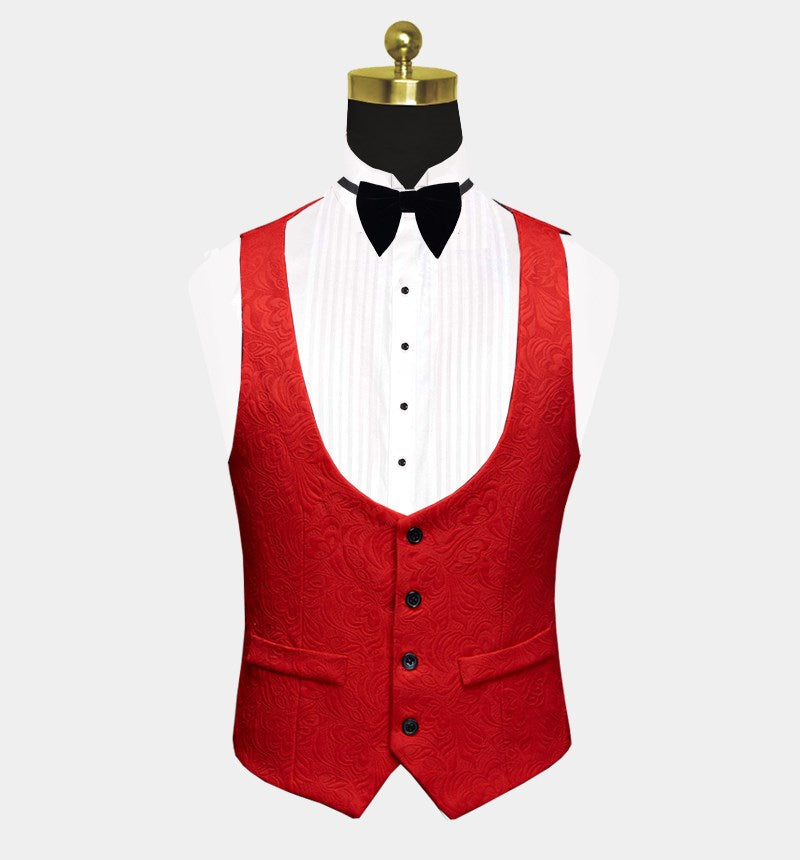 Red Floral Tuxedo Three-Piece Prince Suit for Groom with Black Lapel