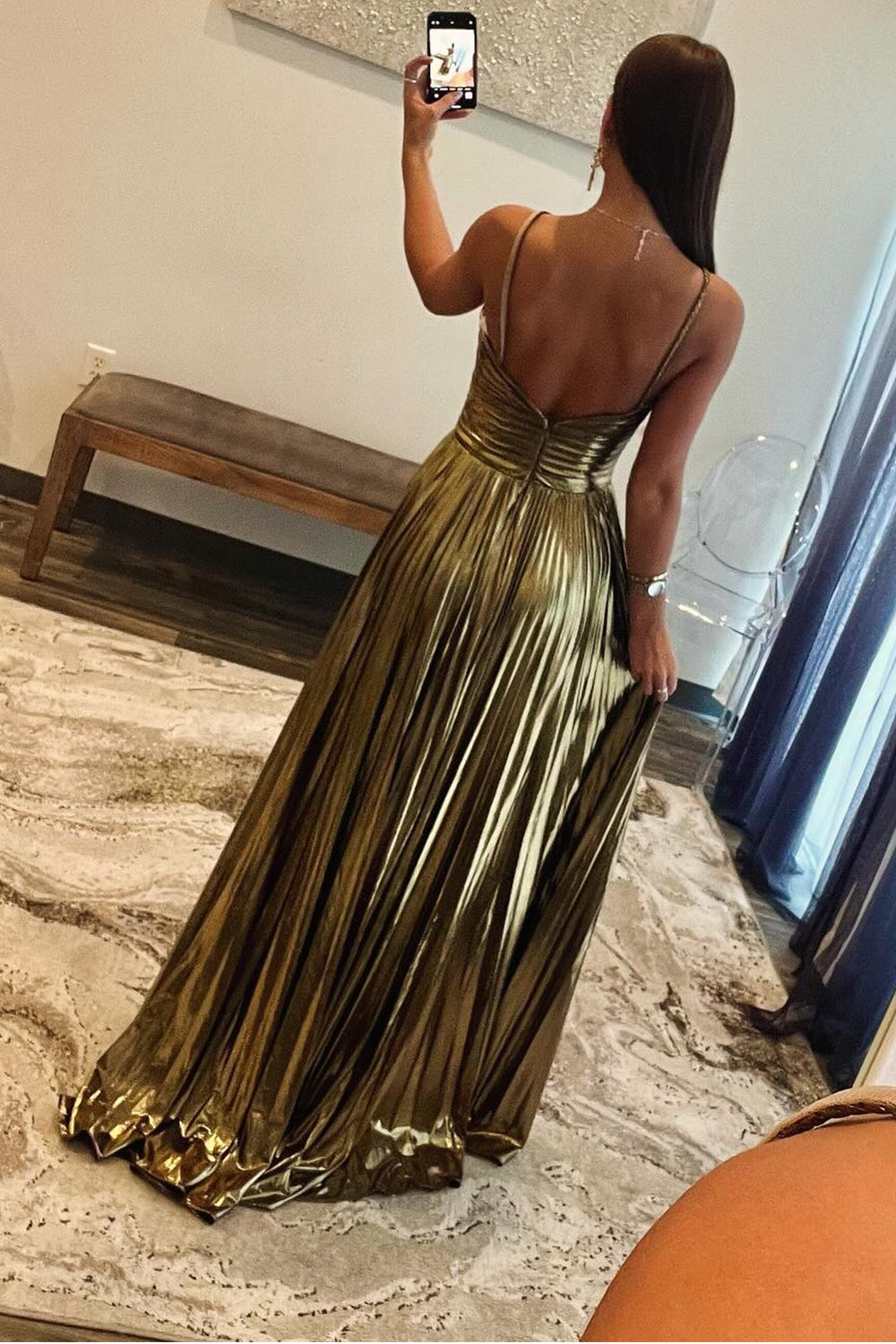 Golden Sparkle A-Line Halter Gown with Keyhole Slit for Prom