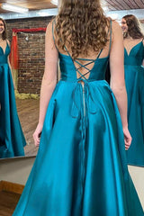 Simple Blue Prom Dress with A-line Cut and Slit