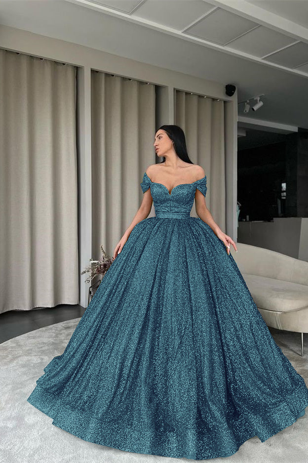 Off-The-Shoulder Green Ball Gown Evening Dress With Sequins