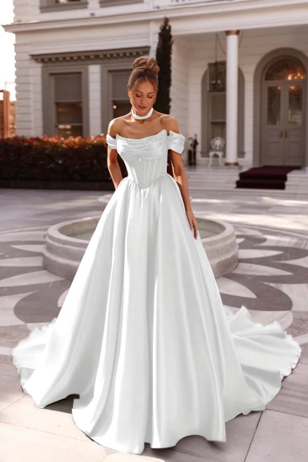 Off the Shoulder Sleeveless Long Formal Dress With Pleated Beading