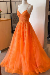Elegant Orange A-Line Prom Dress with Spaghetti Straps and Appliques
