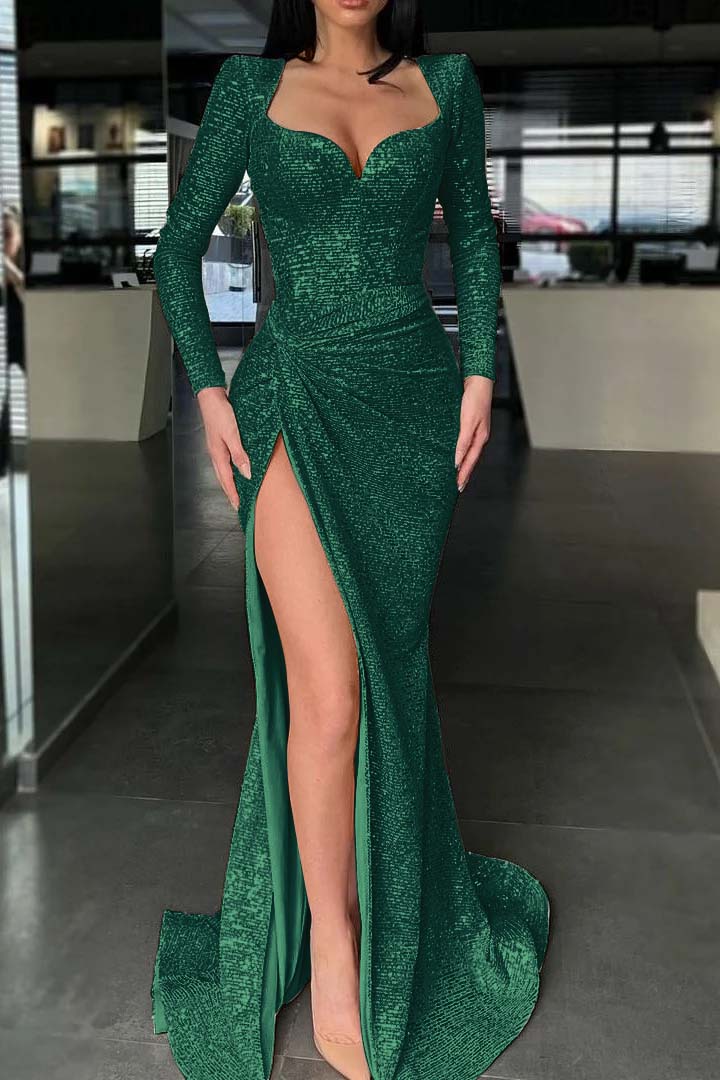 Long Sleeves Mermaid Evening Dress Split With Sequins