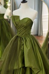 Long Green Prom Dress with Asymmetrical Ruffled Strapless A-Line