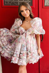 Ivory Puff Sleeves A-Line Floral Short Homecoming Dress/Mini Dress with Ruffles