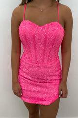 Sparkly Blue Corset Sequins Tight Short Homecoming Dress/Mini Dress with Slit