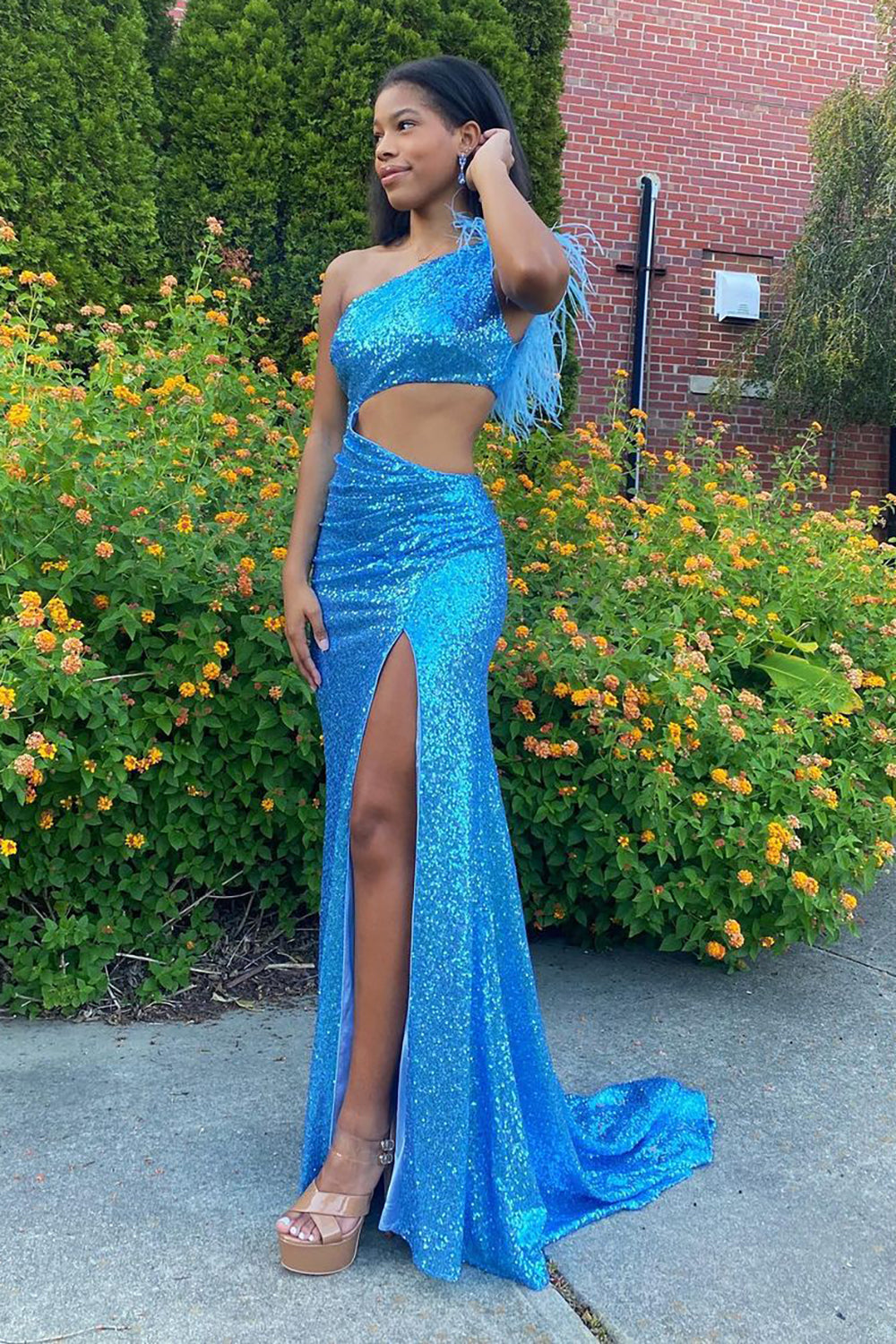 Blue Sequined Long Prom Dress with Feather - Sparkly Mermaid One Shoulder Design