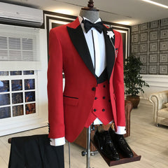 Stylish Red Men's Wedding Suits Three Pieces with Black Peaked Lapel