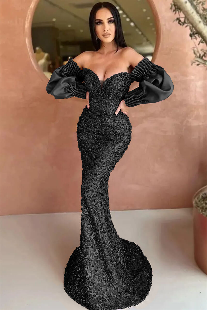 Off-The-Shoulder Sweetheart Long Sleeves Evening Dress With Sequins Mermaid