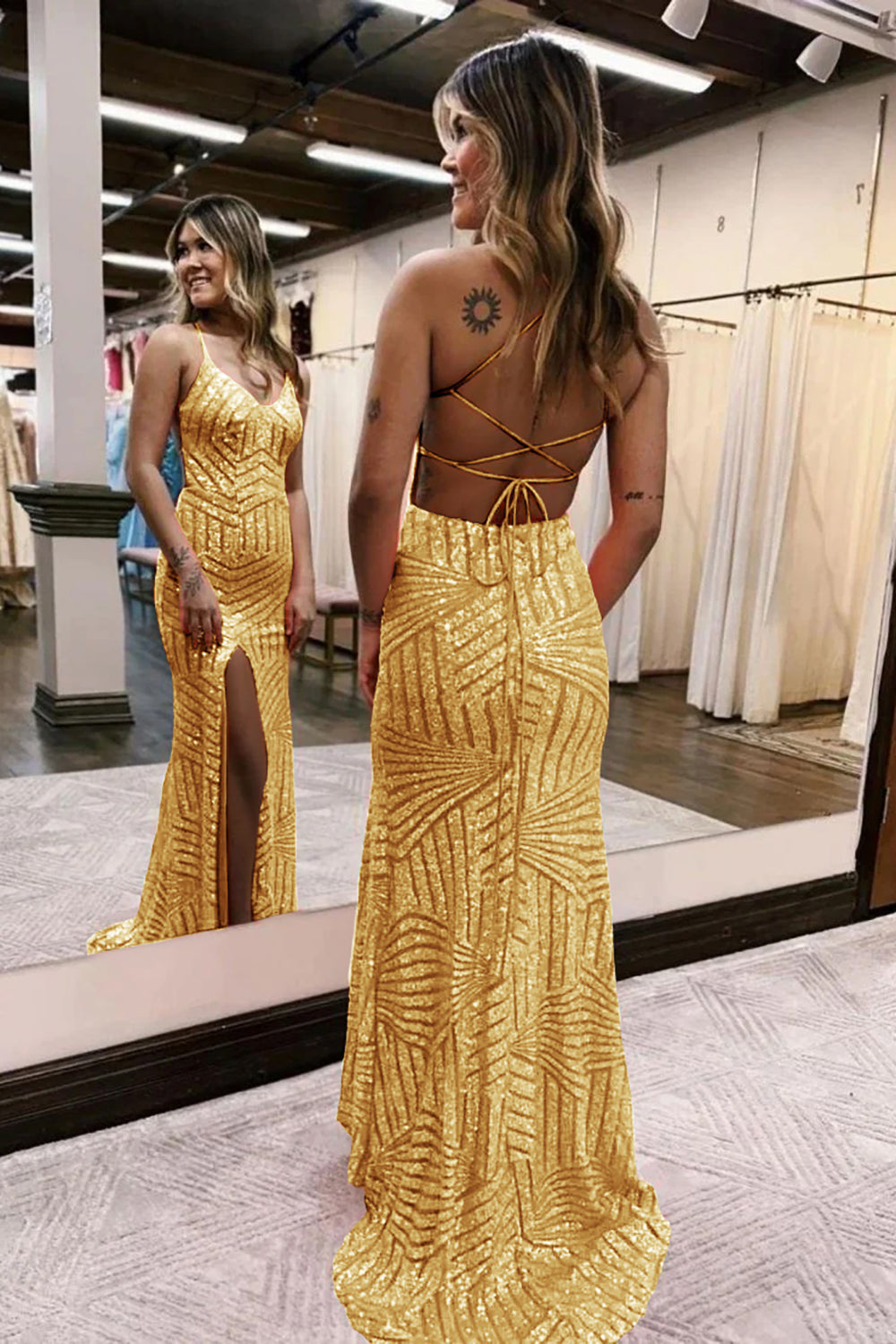 Long Orange Sequined Prom Dress with Criss Cross Back and Sheath Spaghetti Straps