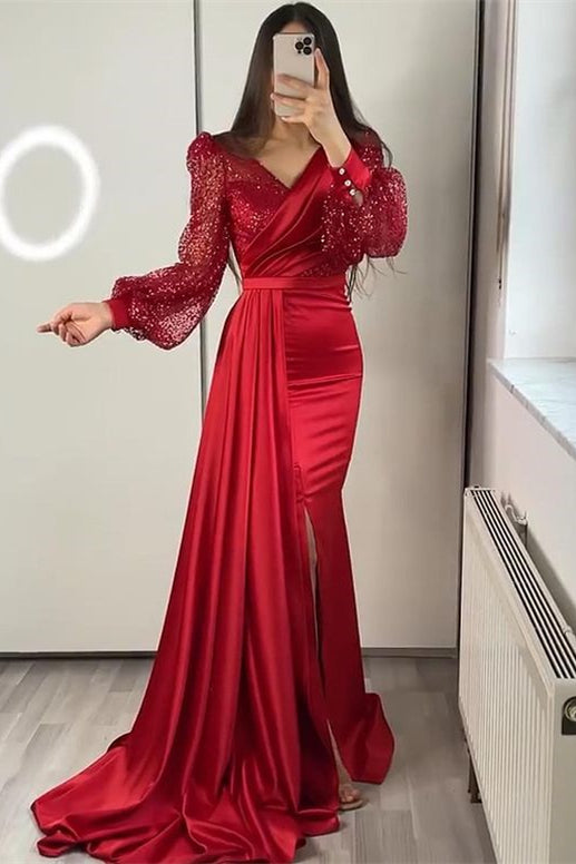Miable Mermaid Sequins V-Neck Long Sleeves Split Evening Dress With Ruffle