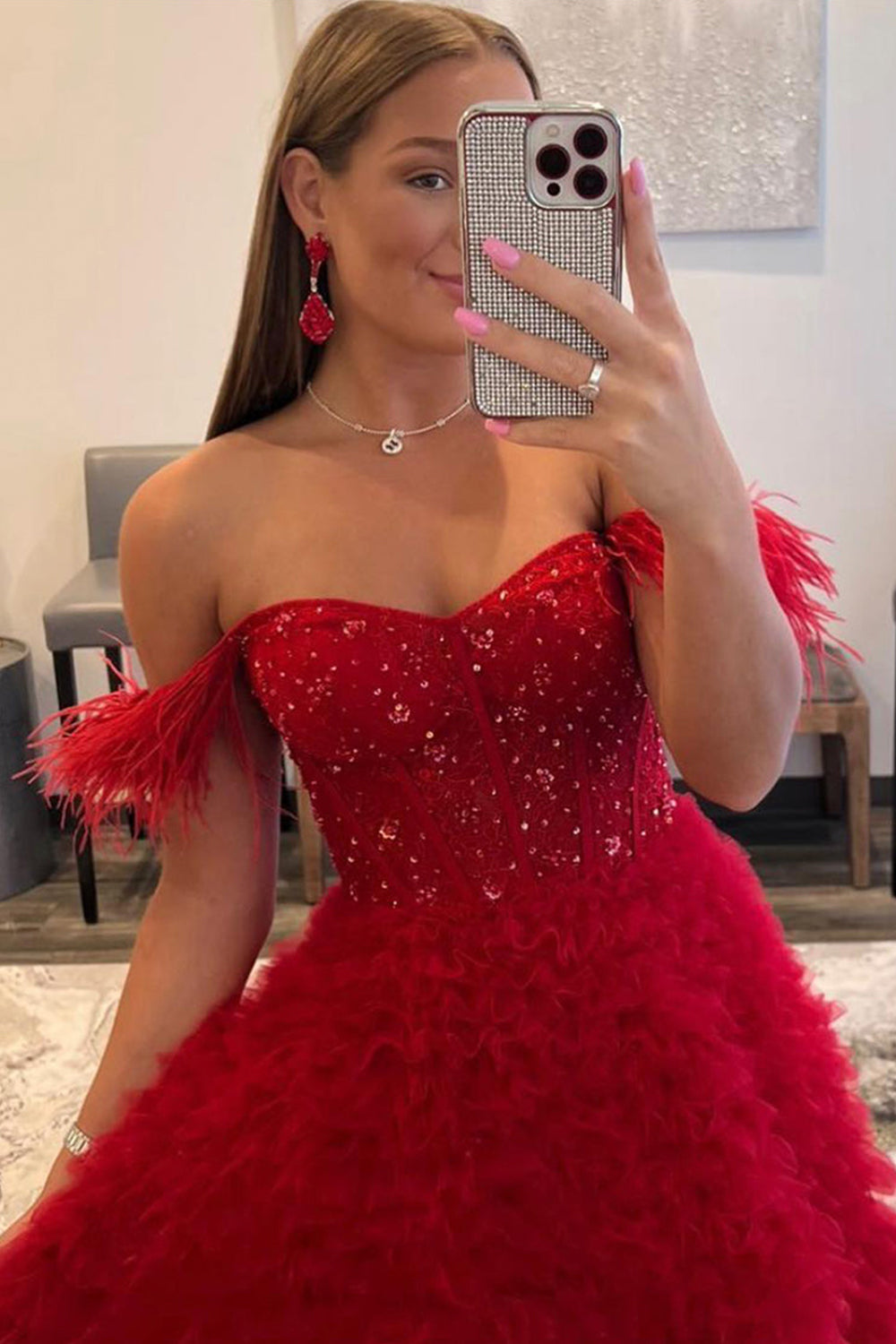 Princess Prom Dress in Red with Off-the-Shoulder A-Line Design