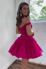 Sparkly Pink Tiered A-Line Tulle Short Homecoming Dress/Mini Dress with Lace