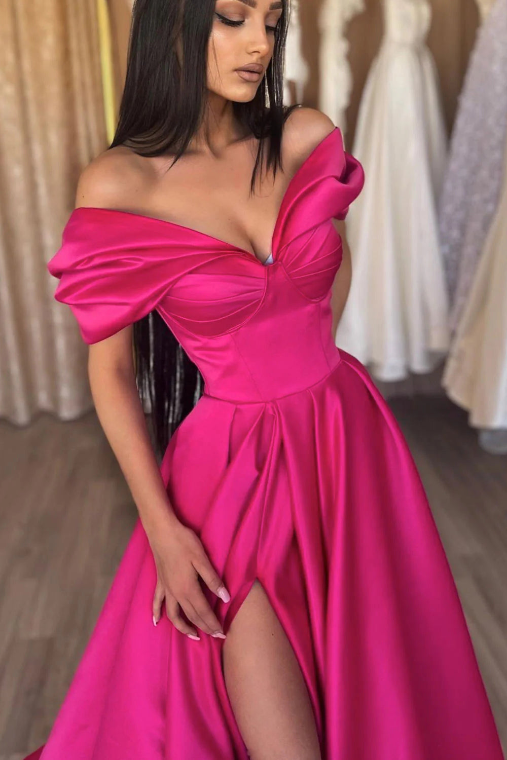 Hot Pink Long Prom Dress with Off-the-Shoulder A-Line and Front Split