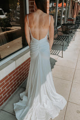Long Backless Prom Dress with White Spaghetti Straps and Beading