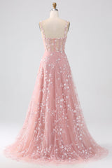Long Corset Prom Dress in Blush with A-Line Silhouette and Spaghetti Straps Adorned with Appliques