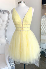 Sparkly Yellow Beaded Sequins A-Line Short Homecoming Dress/Mini Dress