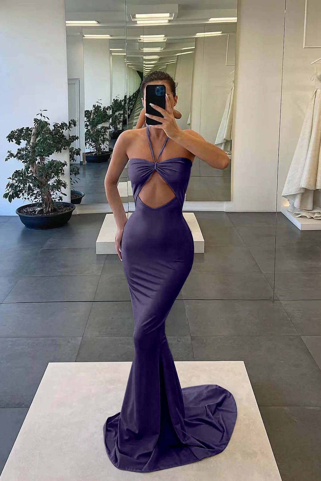 Strapless Blue Mermaid Evening Dress With Sleeveless Halter