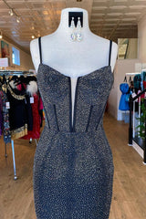 Black Long Prom Dress with Sparkly Mermaid Spaghetti Straps and Beading