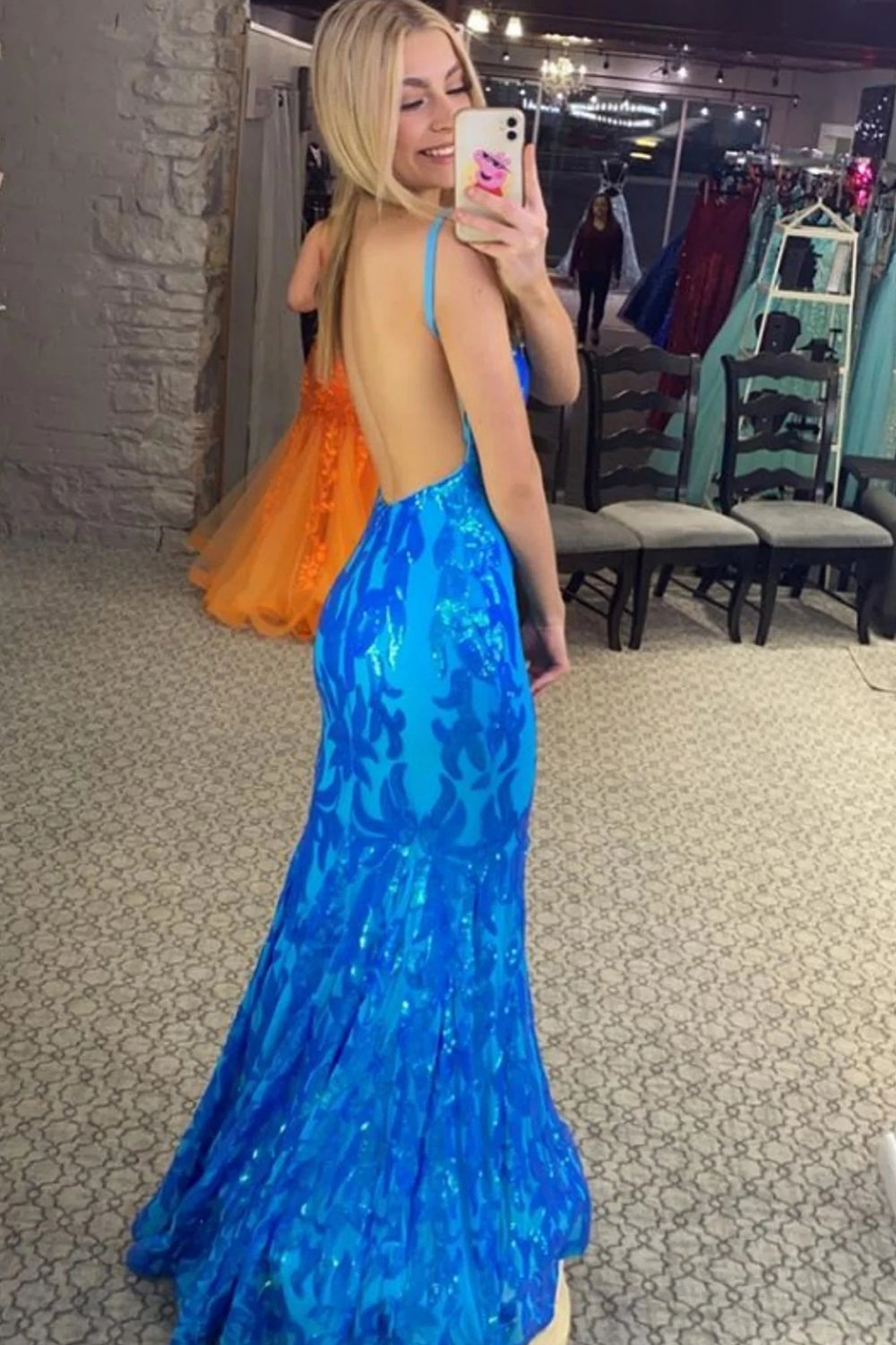 Long Prom Dress with Sparkly Orange Mermaid Sequins