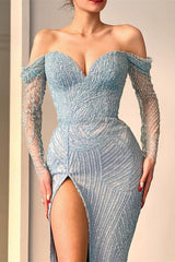 Beautiful Off-The-Shoulder Sweetheart Long Sleeves Mermaid Evening Dress With Beadings