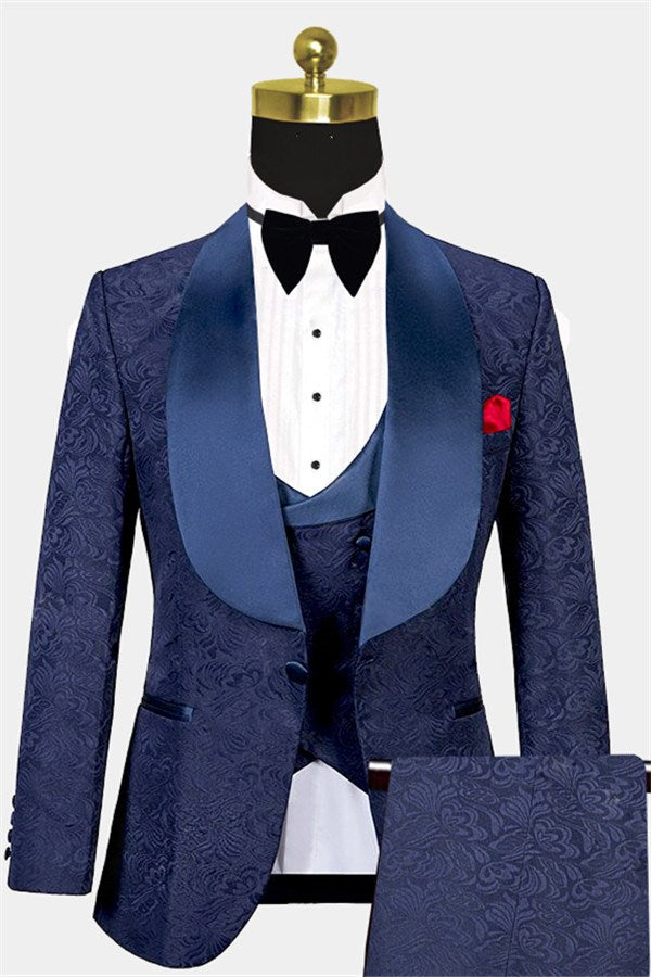 Navy Blue Jacquard Bespoke Three-Piece Tuxedo