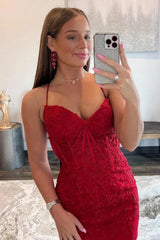 Red Spaghetti Straps Tight Short Homecoming Dress/Mini Dress with Appliques