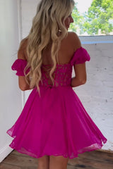 Sparkly Fuchsia Lace-Up Back A-Line Short Homecoming Dress/Mini Dress with Lace