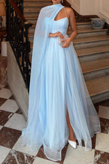 Sky Blue Long Prom Dress with Elegant A Line and Spaghetti Straps Featuring a Split Front
