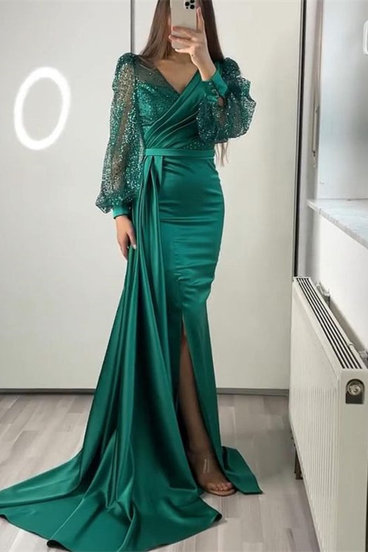 Miable Mermaid Sequins V-Neck Long Sleeves Split Evening Dress With Ruffle