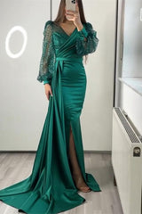 Miable Mermaid Sequins V-Neck Long Sleeves Split Evening Dress With Ruffle
