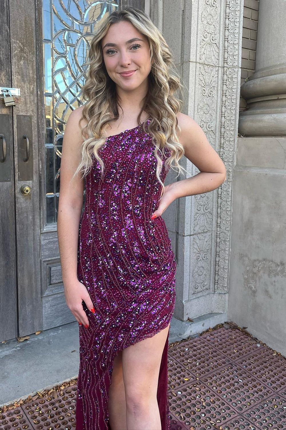 Long Prom Dress with Slit in Sparkly Dark Purple Sequins