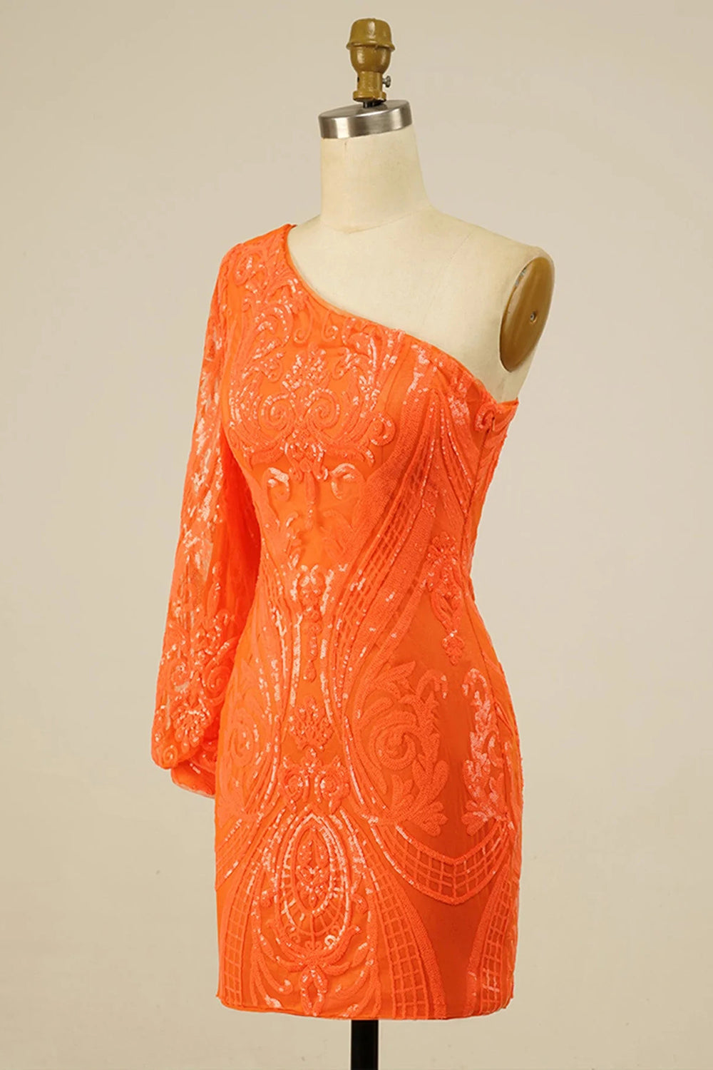 Orange Beaded Sequins One Shoulder Tight Homecoming Dress/Mini Dress