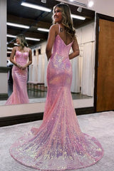 Long Mermaid Prom Dress with Sparkly Pink Sequins and Corset