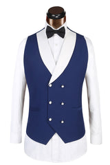 Elegant Three-Piece Banding Blue Men's Suit for Wedding with White Lapel Edge