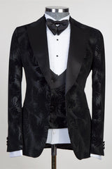 David Modern Black Peaked Lapel Jacquard Three-Piece Men's Suits
