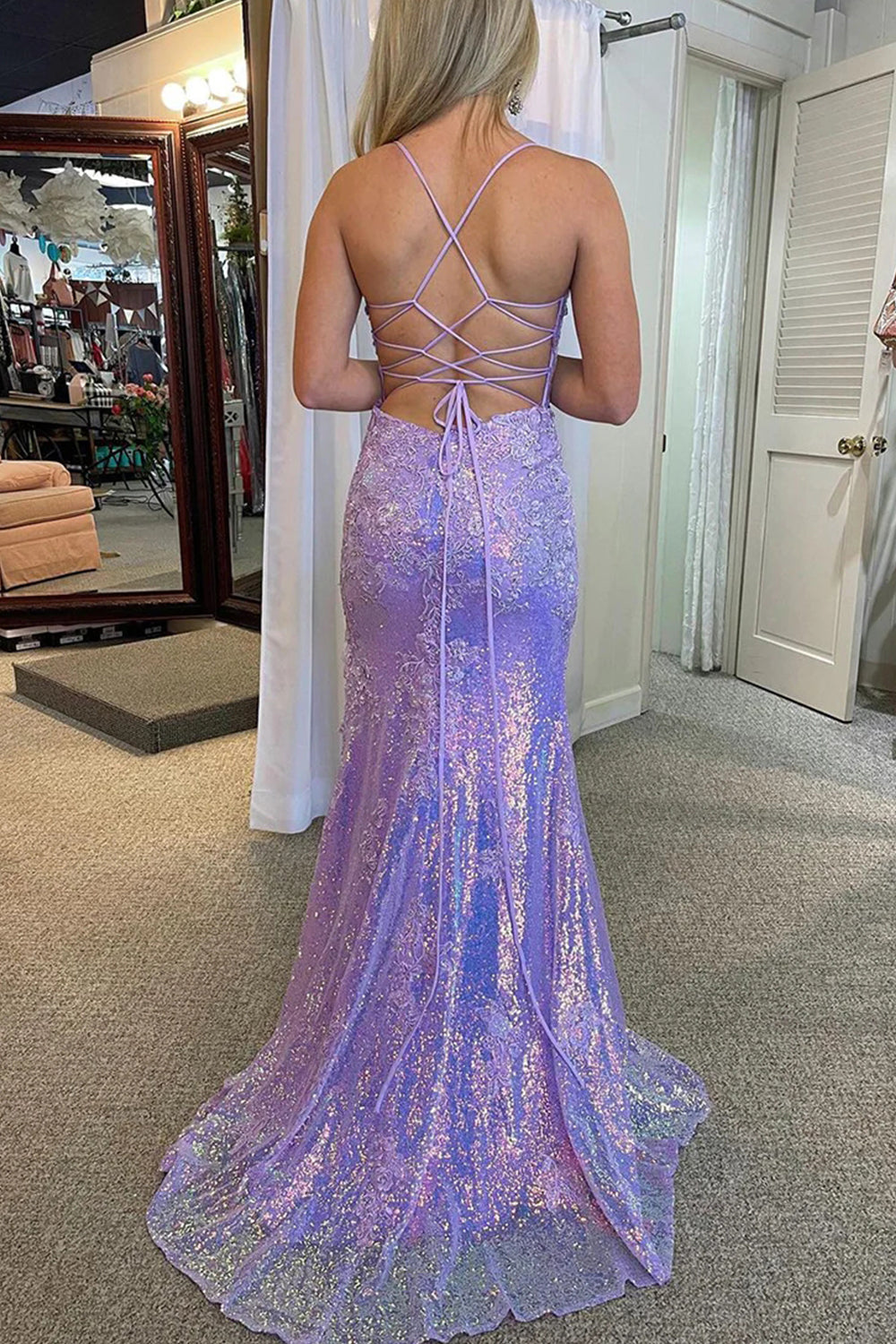 Prom Dress with Purple Spaghetti Straps and Appliques Featuring a Slit