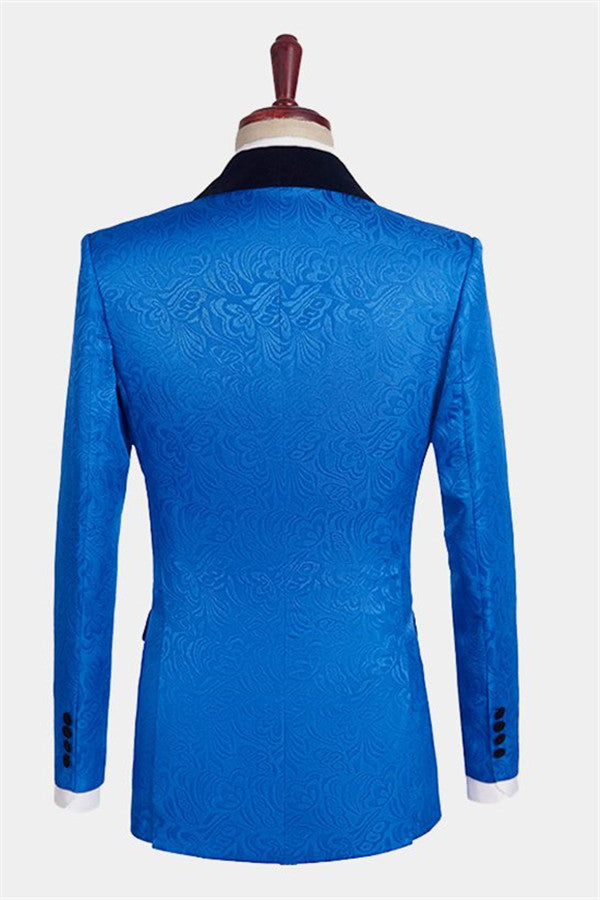 Royal Blue Slim Fit Wedding Suits Floral Jacquard Tuxedo (Jacket Vest Pants Shirt)